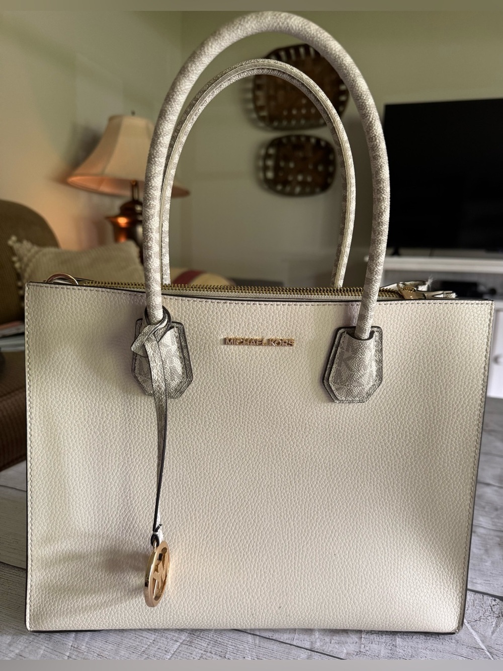 Michael Kors Cream Pebbled Leatherette Tote Satchel MK Signature Trim Zip Top